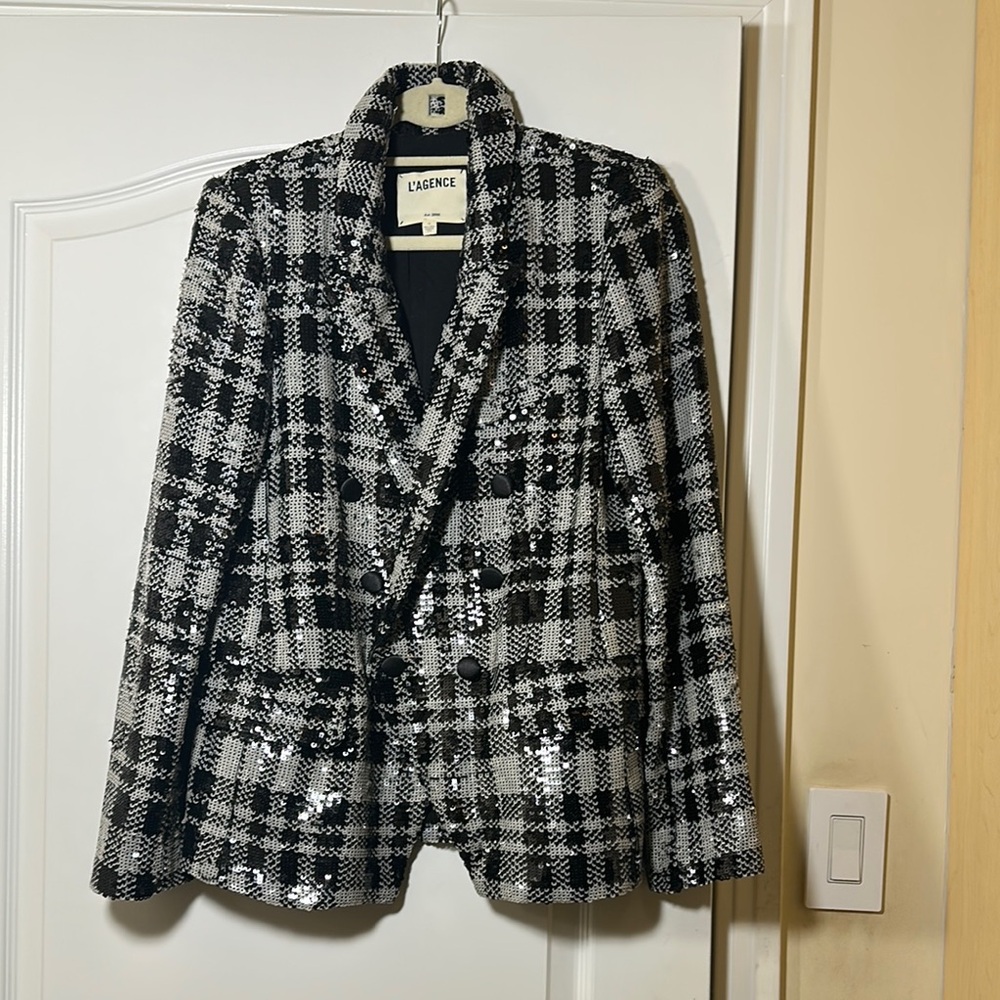 L'AGENCE Kenzie black white plaid sequins women’s blazer